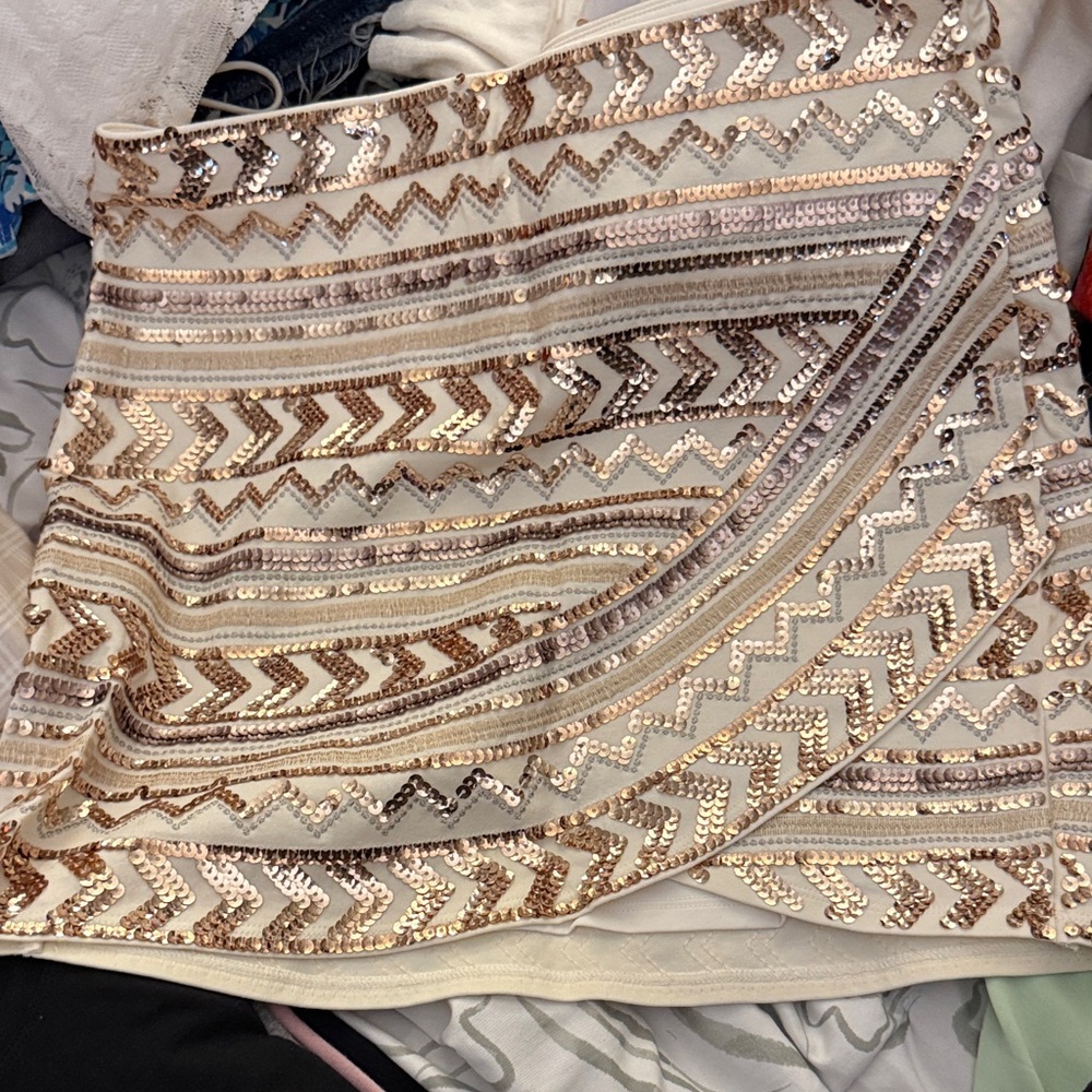 Express Ivory Mini Skirt with Gold Sequin Chevron Detail